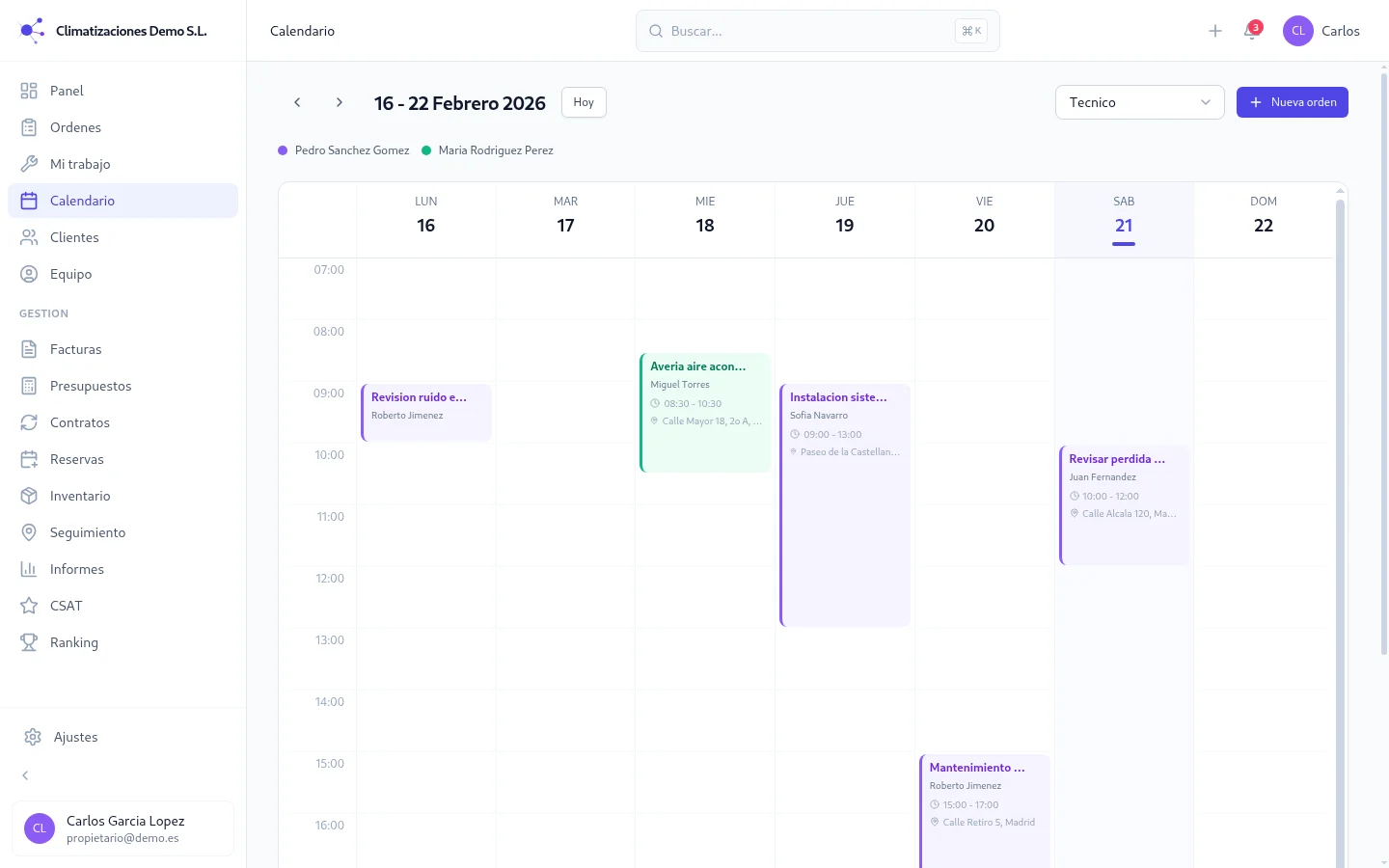 Calendario semanal con ordenes de trabajo en WorSaaS
