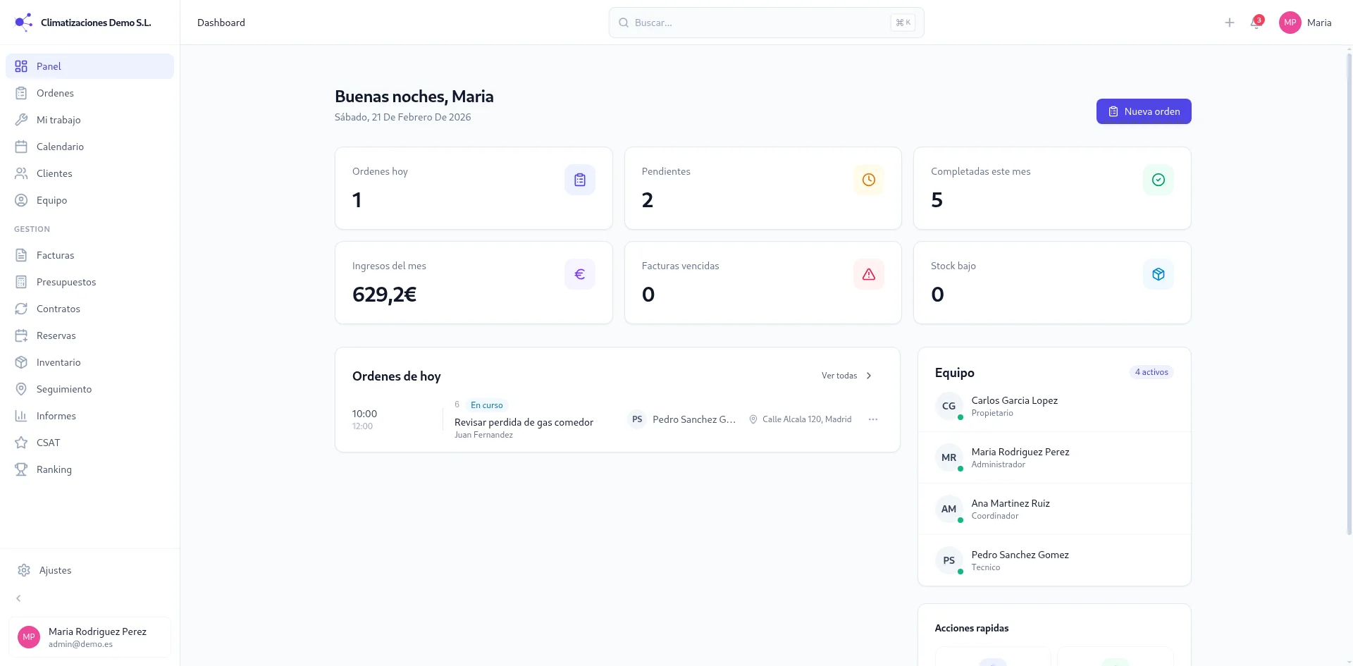 Dashboard de WorSaaS con KPIs, ordenes de hoy y equipo